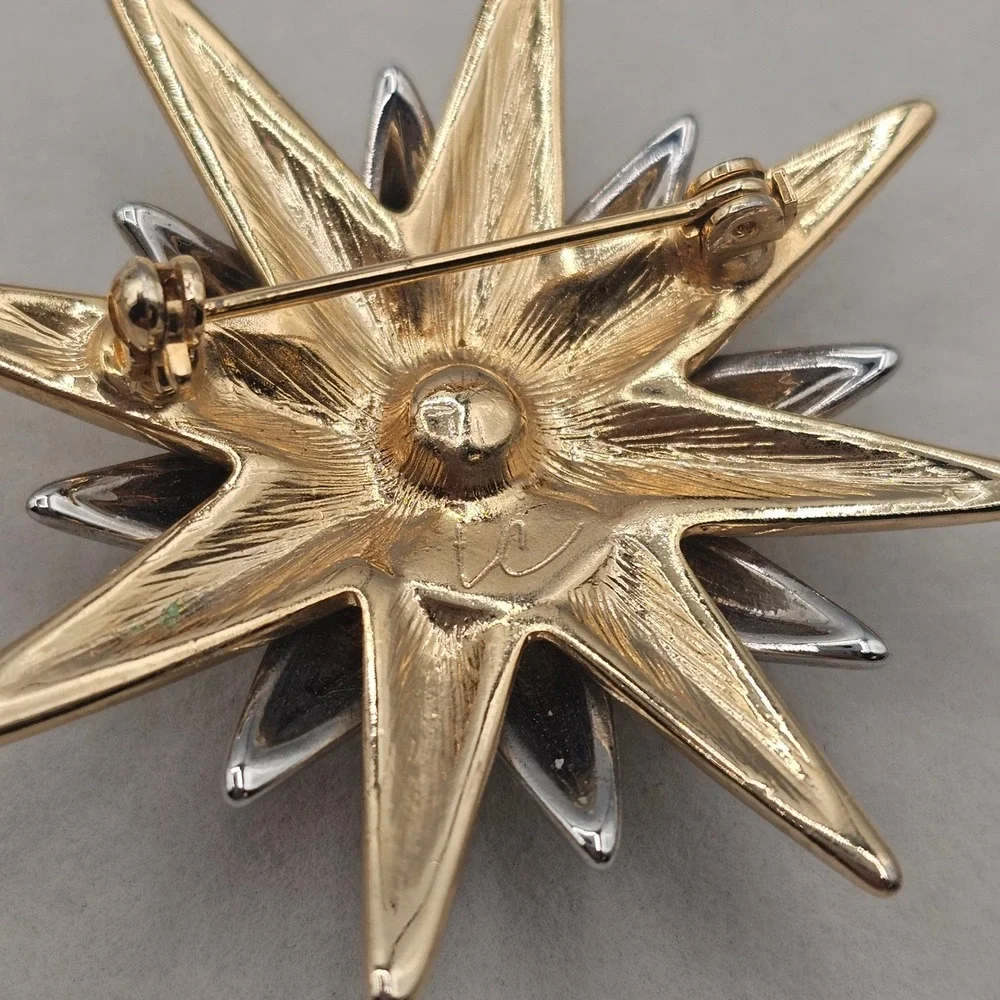 Celestial Sun & Moon Brooch Pin 2pc Gold Silver Tone Blue Enamel Rhinestone
